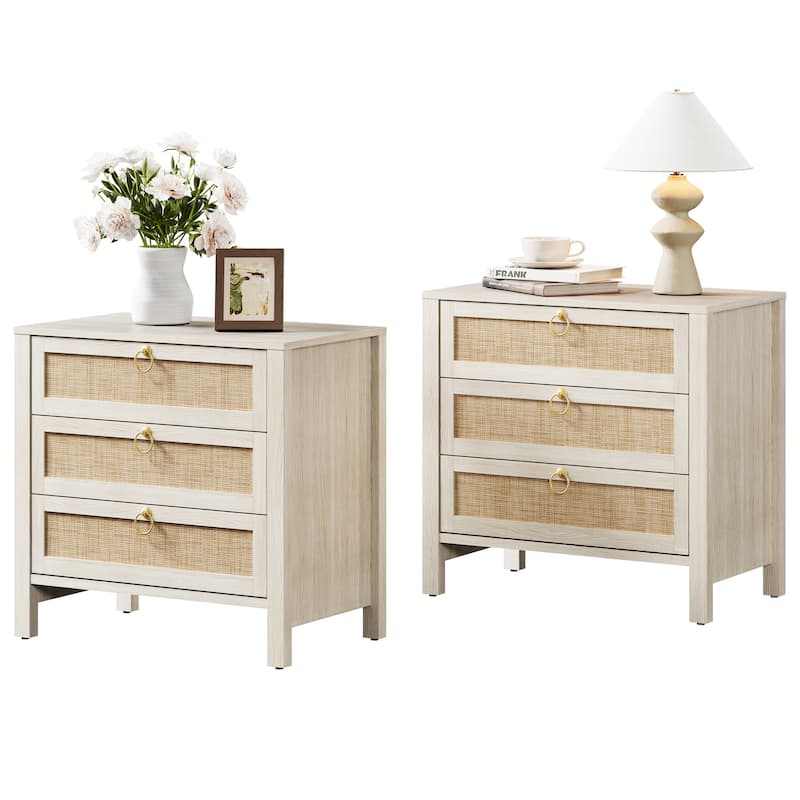 Set of 2 Farmhouse Style Nightstands with 3 Drawers - white - 6-drawer