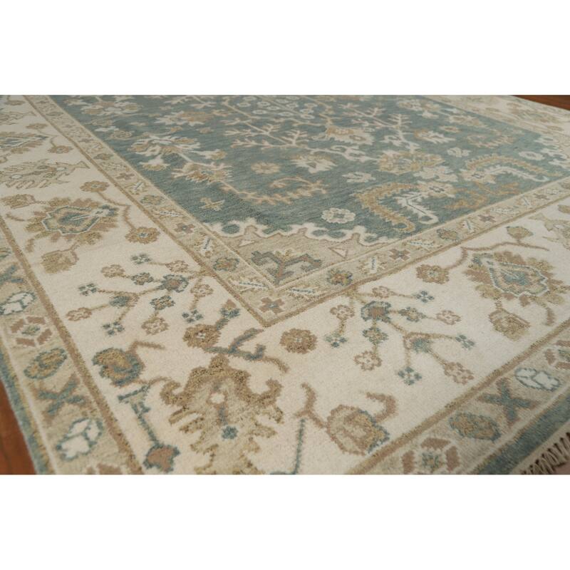 Floral Oushak Indian Area Rug Hand-Knotted Blue Wool Carpet - 8'2" x 10'0" - Blue - 8'2" x 10'0"