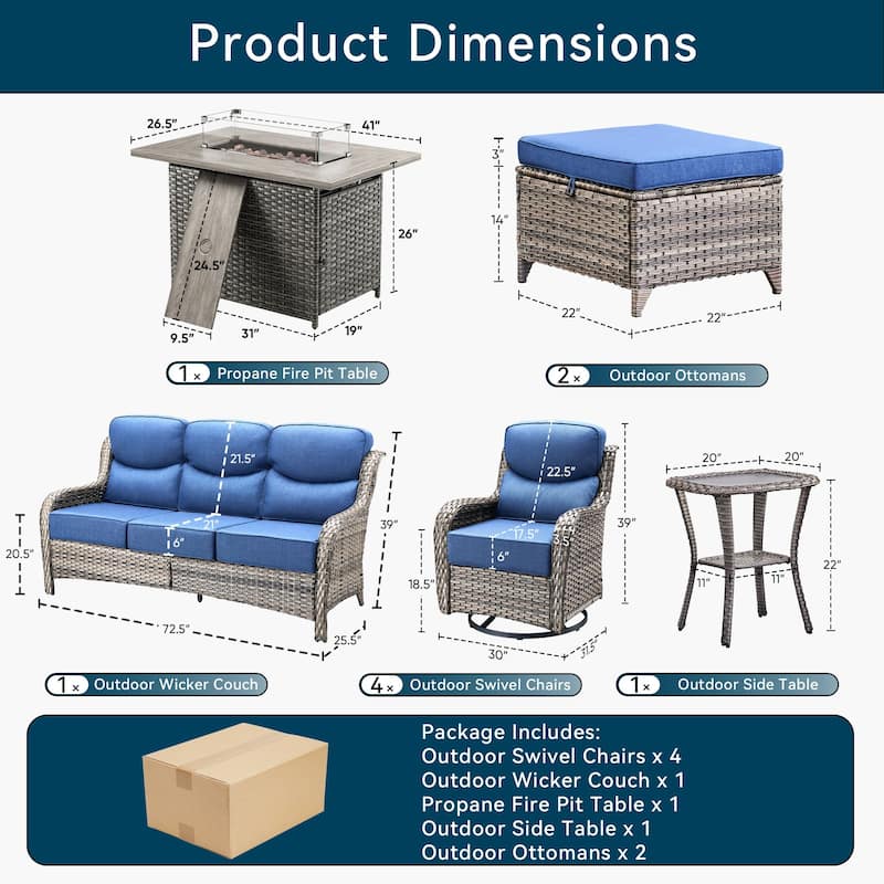 Pocassy Outdoor 6 Inch Sofa Chair Ottoman with Fire Pit Table Set