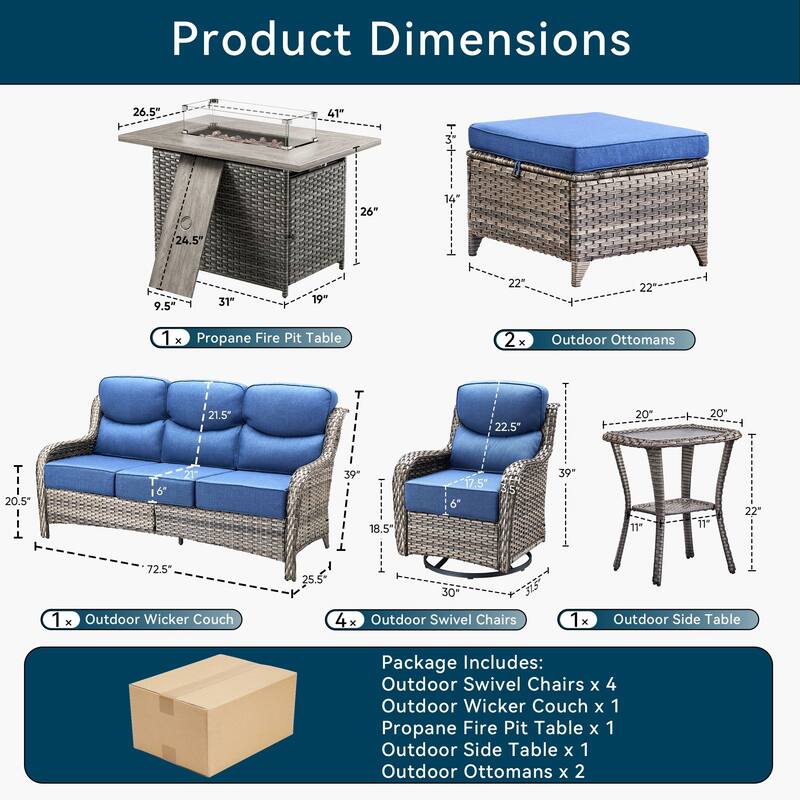 Pocassy Outdoor 6 Inch Sofa Swivel Chairs Ottoman with Fire Table Set