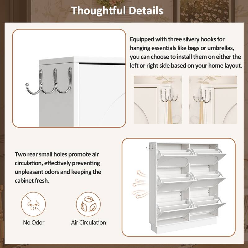 Narrow Flip Drawer Shoe Storage, Space Saving Entryway Organizer with Adjustable Shelf, Free-Standing Shoe Rack with 3 Hooks