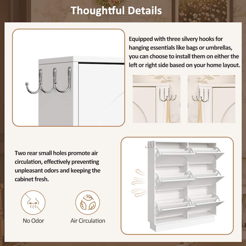 Narrow Shoe Cabinet with 6 Flip Drawers, Free-Standing Entryway Organizer, Shoe Rack with 3 Hooks & Adjustable Shelf