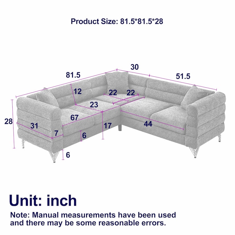 Modern Corner Sofa with Teddy Fabric and Metal Legs, 3-Seater with 3 Pillows