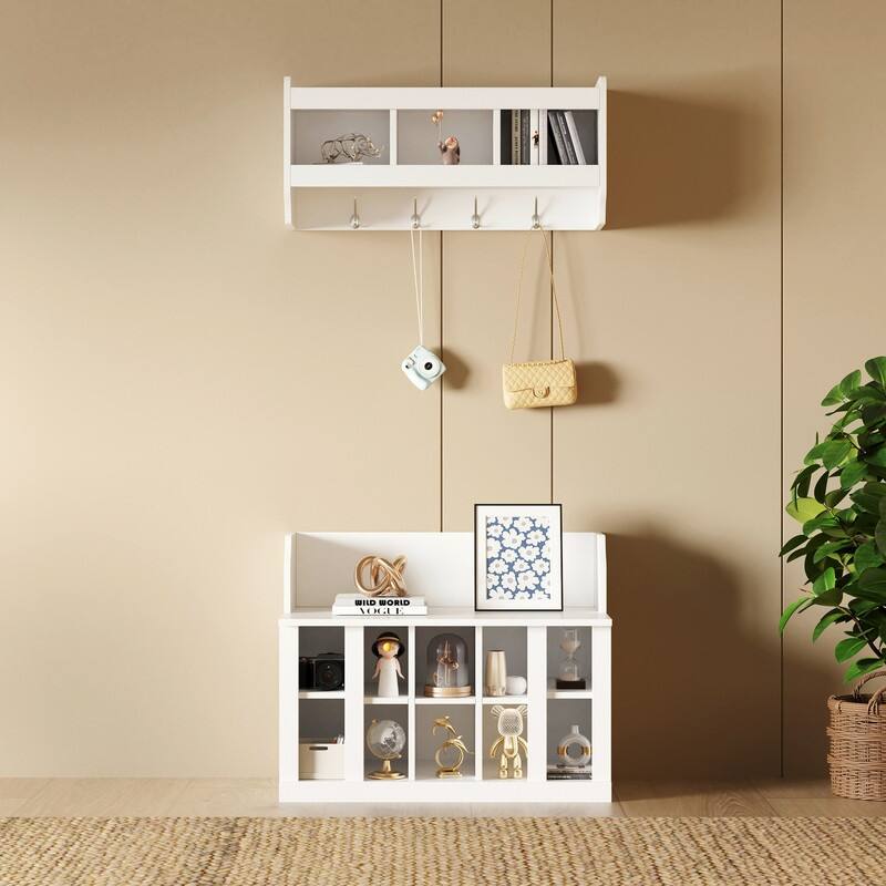 Entryway Wood Storage Bench with Shoe Storage,Wall Mounted Hall Tree with Coat Rack and Shelves - White