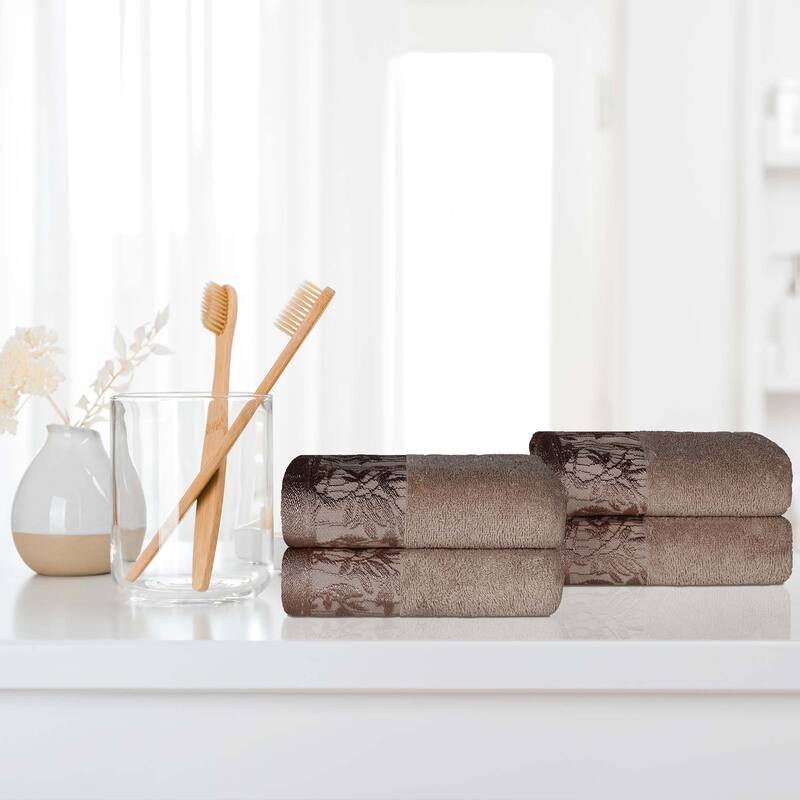 Superior Wisteria Cotton Floral Jacquard Border Hand Towels, Set of 4