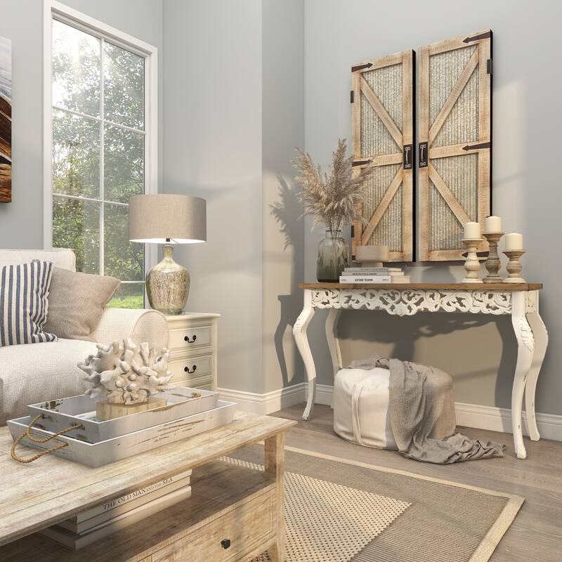 White Wood Intricately Carved Scroll Console Table with Brown Wood Top