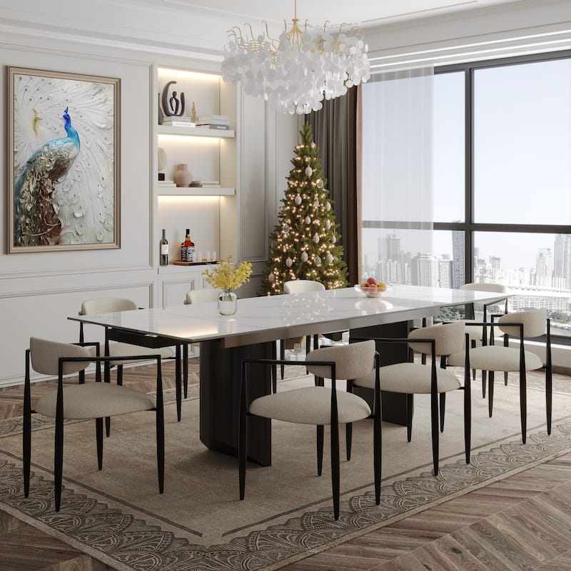 9 - Piece Modern Minimalist Extendable Sintered Stone Top Double Pedestal Dining Set