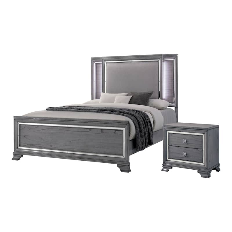 Furniture of America Taia Contemporary Grey 2-Piece Panel Bed and Nightstand Set with LED