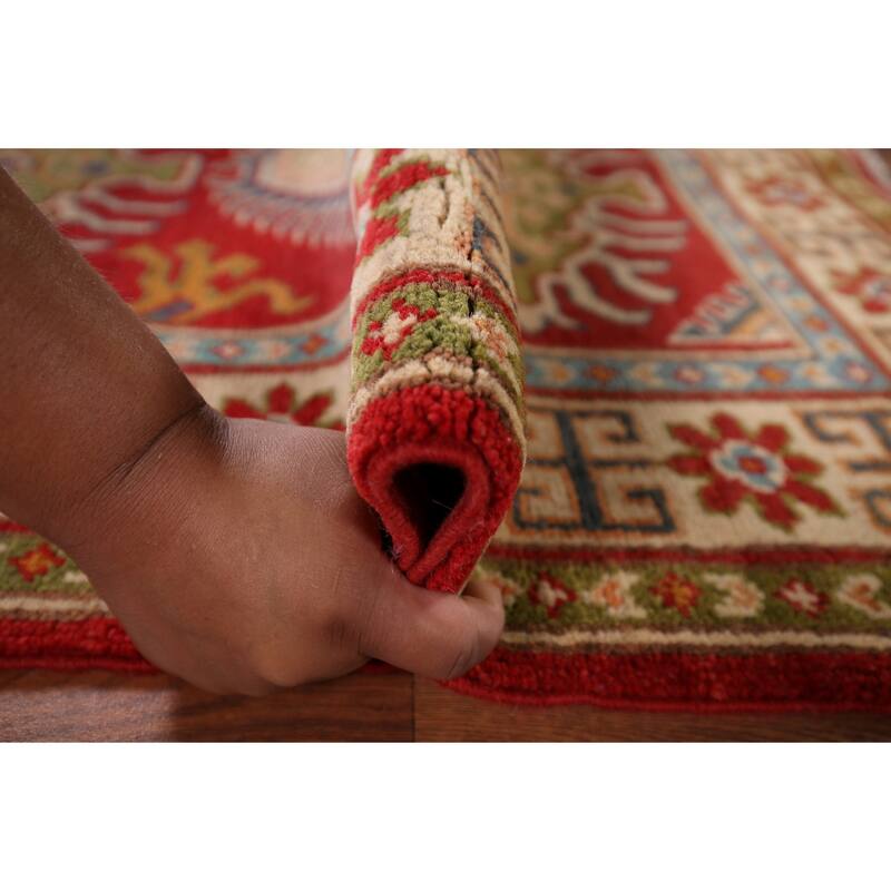 Red Geometric Kazak Foyer Rug Hand-Knotted Oriental Wool Carpet - 2'9" x 4'0"