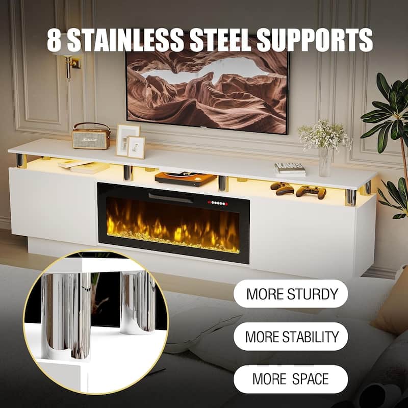 BOSSIN 80" TV Stand Entertainment Center with 36" Electric Fireplace, for TVs up to 90", High Gloss Cabinet with LED Light