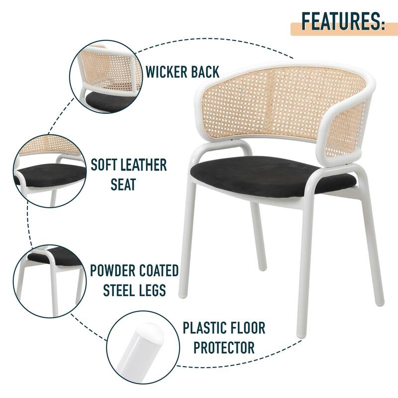 LeisureMod Set of 2 Minimalist Leather Dining Chairs with Wicker Back in Steel Frame - Side Chair for Home Office & Kitchen