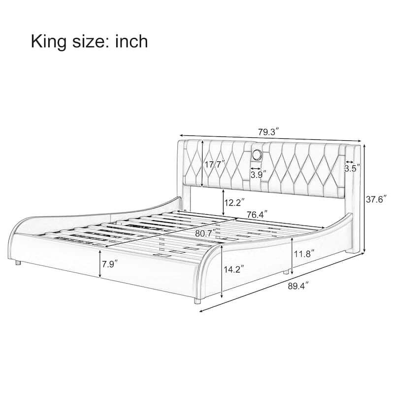 Roomfitters Full/Queen/King Size Platform Bed, Faux Leather Frame, Thick Headboard, Bluetooth Audio, No Box Spring Needed