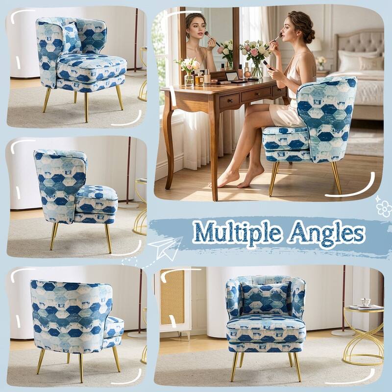 Mid Century Modern Upholstered Reading Chair with Lumbar Pillow, Gold Metal Legs, Small Space Friendly for Living Room Bedroom