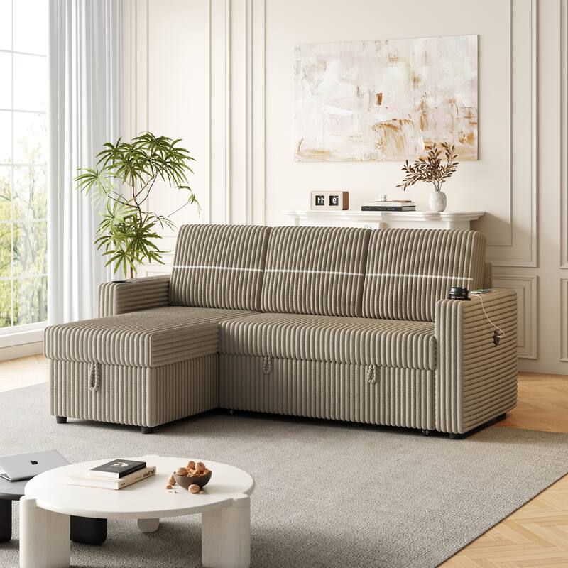 Pull-Out Sofa Bed with Storage Chaise, USB Port, and Cup Holders - 3-Seater Sleeper Couch