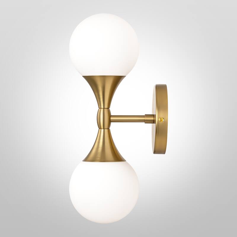 14 in. 2-Light Modern Gold Linear Up&Down Wall Sconces Light Frosted Opal Glass Globe Vanity Lighting