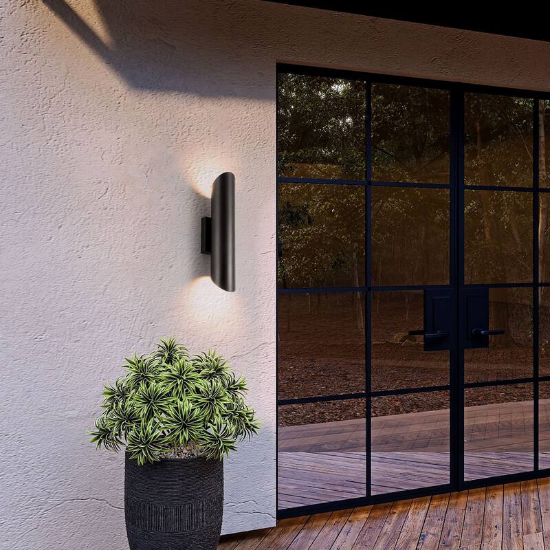 4.3" W 2-Light Modern Black Linear Cylinder Metal Integrated LED Outdoor Porch Lights - 4.33 in. W x 19.69 in. H x 5.12 in. D