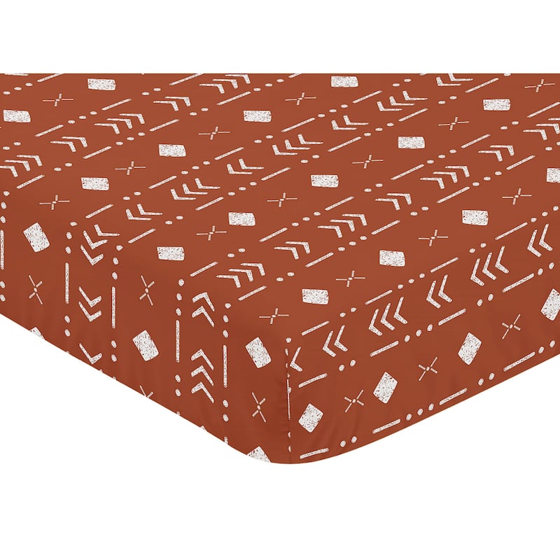 Rust White Boho Tribal Mudcloth Boy or Girl Fitted Crib Sheet - Orange Woodland Bohemian Southwest Geometric Arrow Neutral Aztec