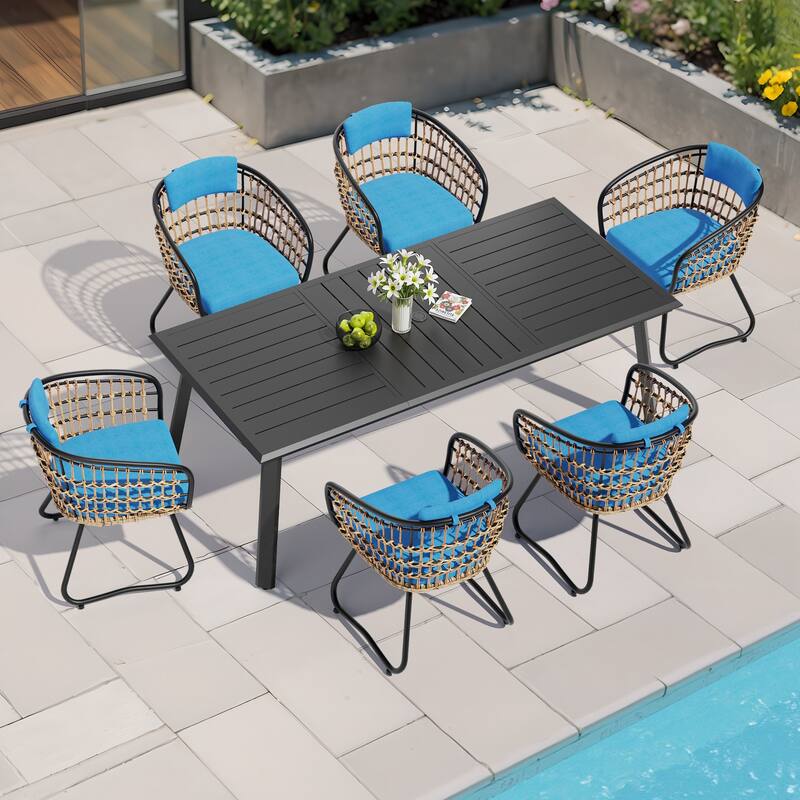 7/9/11-Piece Set Outdoor Aluminum Dining Table with Umbrella Hole and PE Rattan Chairs - Blue - Set of 7