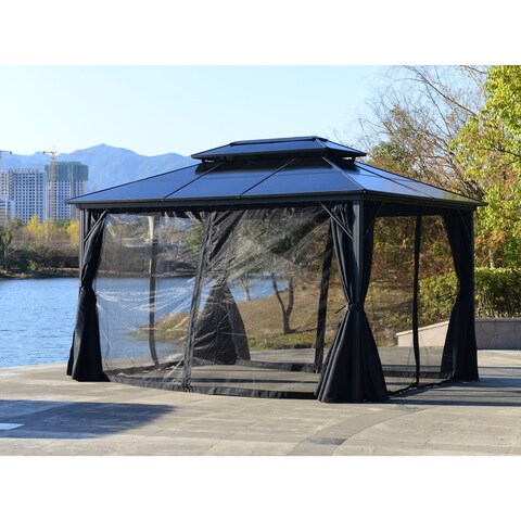 ALEKO Outdoor Double Roof Hardtop 10x13 ft Gazebo Canopy with Netting and Curtains