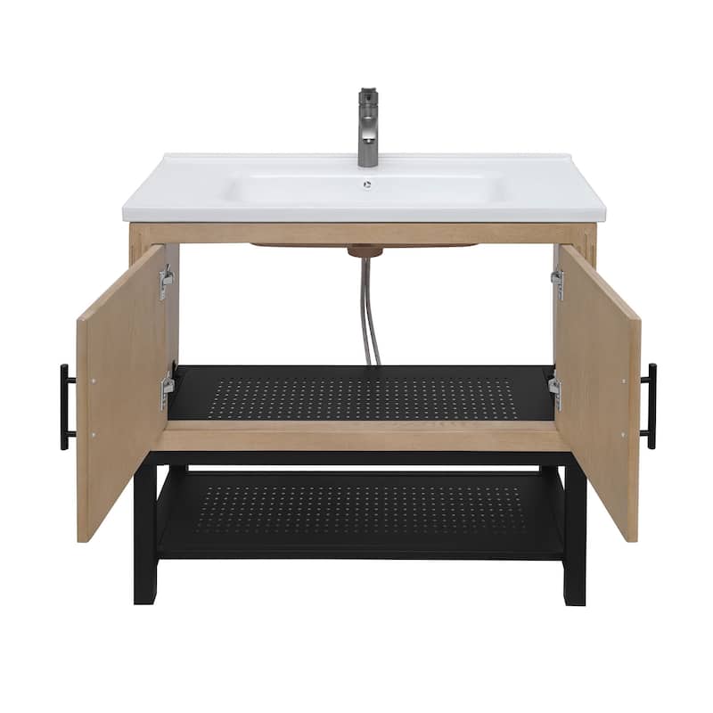 GDFStudio - CompactLine Modern Freestanding Bathroom Vanity with Ceramic Sink and Open Metal Shelf - 36 Inch