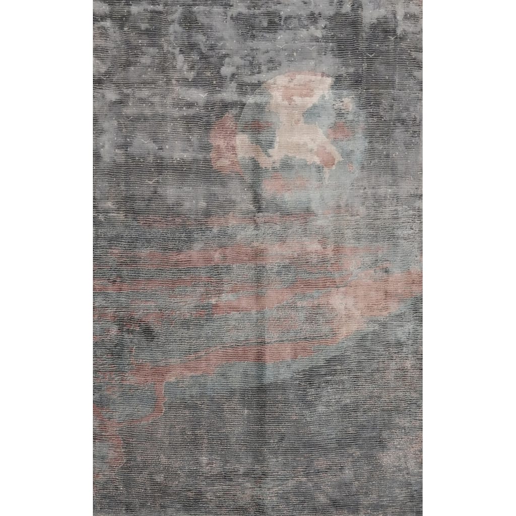 Hand Knotted Oriental Viscose Silk Carpet Modern Pictorial Greys & Charcoal Abstract Area Rug - 7' 0'' X 5' 0''