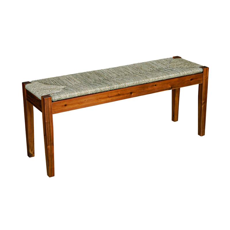 M4H 46" Mid-Century Solid Acacia Wood Bench with Hand-Woven Rush Seat