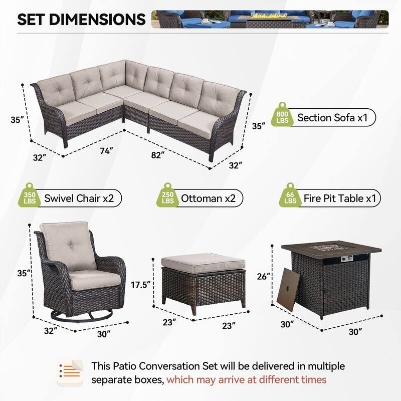 Outdoor 2 Sectional Sofa with Fire Pit Table Set
