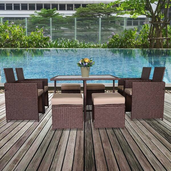 Shop 9 Piece Wood Grain Pe Wicker Rattan Dining Ottoman Patio Furniture Set On Sale Overstock 31926176