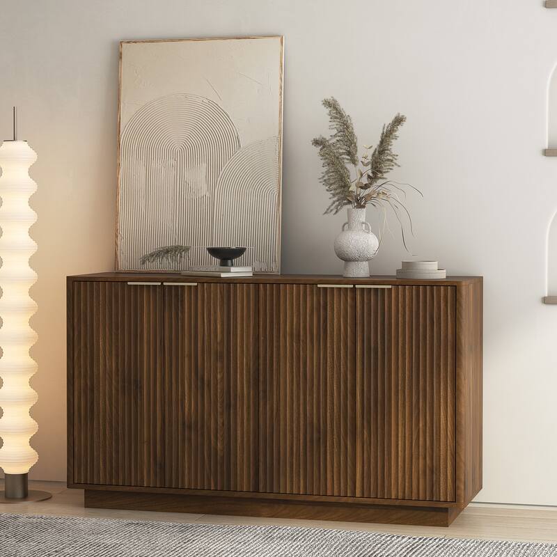 Fluted Glass Buffet Cabinet, Modern Wood Sideboard with Adjustable Shelves and Storage