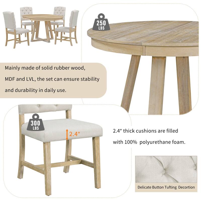 5-Piece Dining Table Set with 4 Upholstered Chairs, 16" Leaf Dining Table, Solid Wood & MDF, for Small Spaces and Dining Rooms