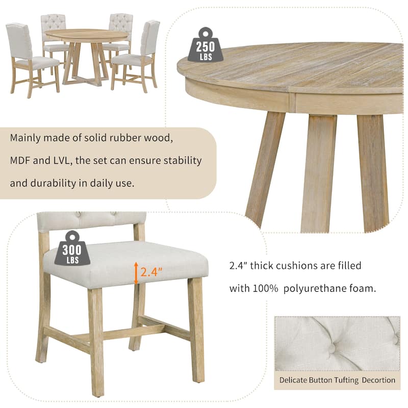 5-Piece Retro Extendable Round Dining Table Set, 42"-58" Wood Table with Leaf and 4 Upholstered Chairs for Dining Room