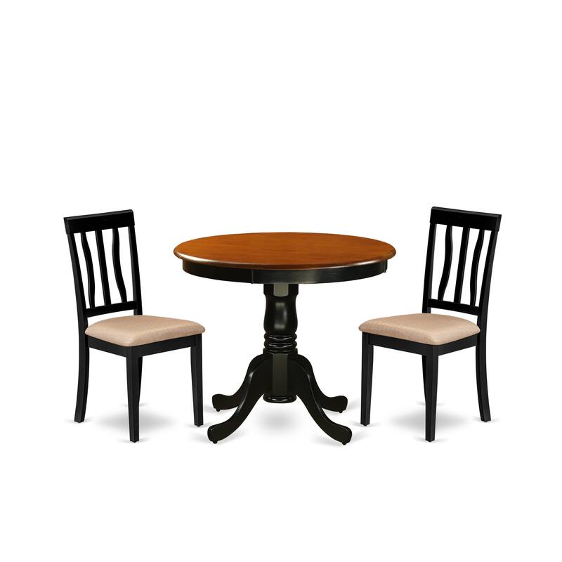 East West Furniture 3 Piece Kitchen Table Set- A Round Dining Room Table and 2 kitchen Chairs, Black & Cherry (Seat Options)