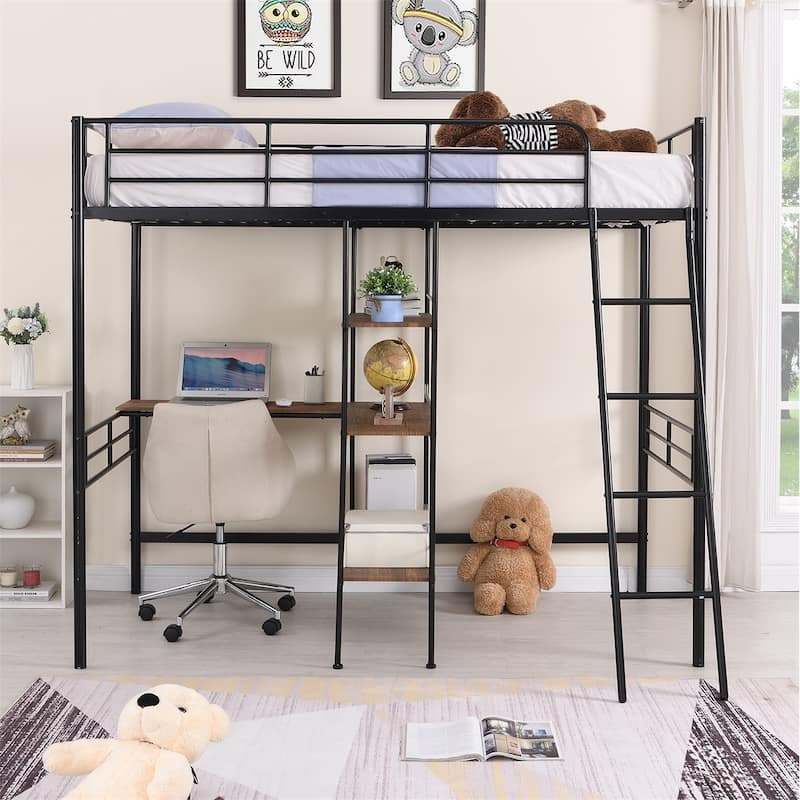 Merax Twin Size Metal Loft Bed with Built-in Desk and Shelves