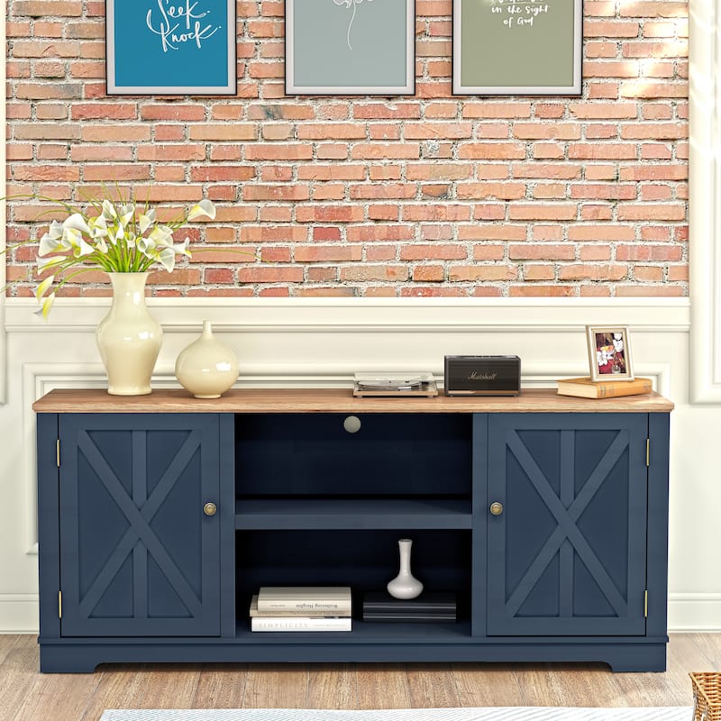 70" Farmhouse TV Stand Console for TVs up to 75 inch - 70" in Width - Navy w/o Fireplace