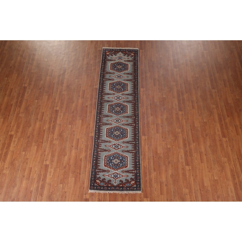 Geometric Viss Indian Runner Rug Hand-Knotted Wool Carpet - 2'6"x 9'7"