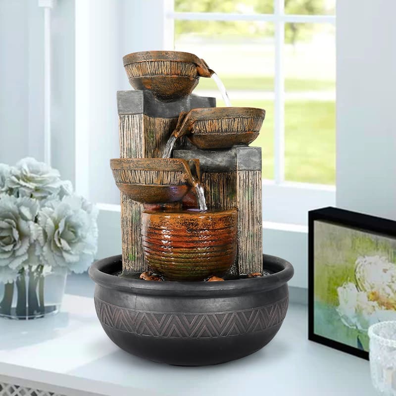 4-Tier Indoor Tabletop Waterfall Fountain with Lights, Resin Water Feature