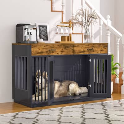 Dog Crate Furniture Kennel, Dog Cage with Double Doors Wooden Pet House with 2 Drawers