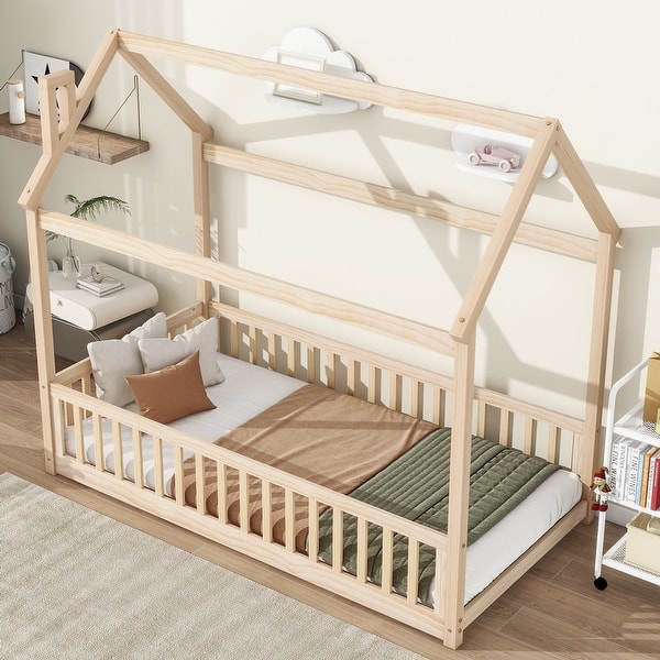 slide 2 of 9, Natural Twin Pine House Twin Bed with Guardrails, Easy Assembly Natural