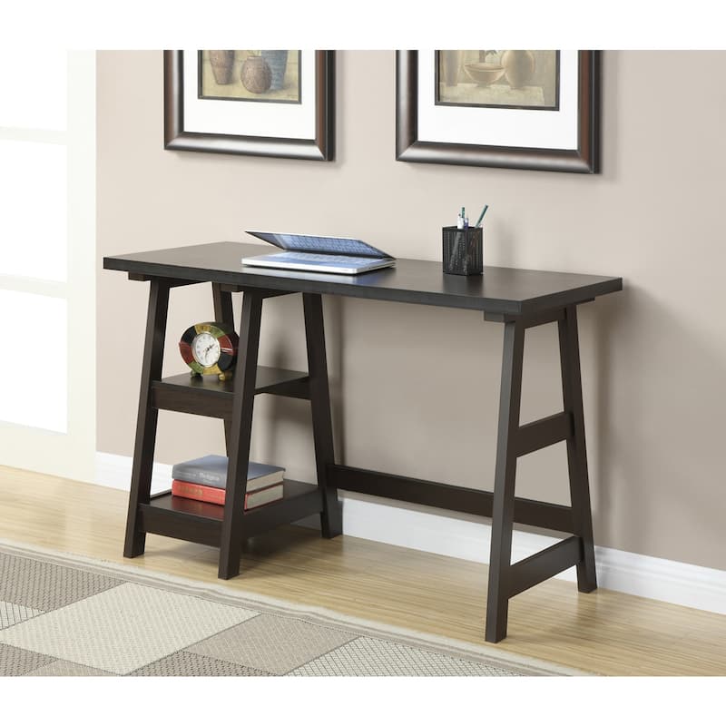 Industrial Trestle Desk with Shelving - 47" Home Office Desk, Espresso Finish
