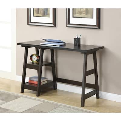 Industrial Trestle Desk with Shelving - 47" Home Office Desk, Espresso Finish