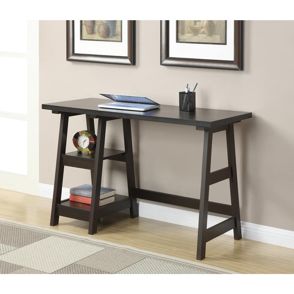 Industrial Trestle Desk with Shelving - 47" Home Office Desk, Espresso Finish