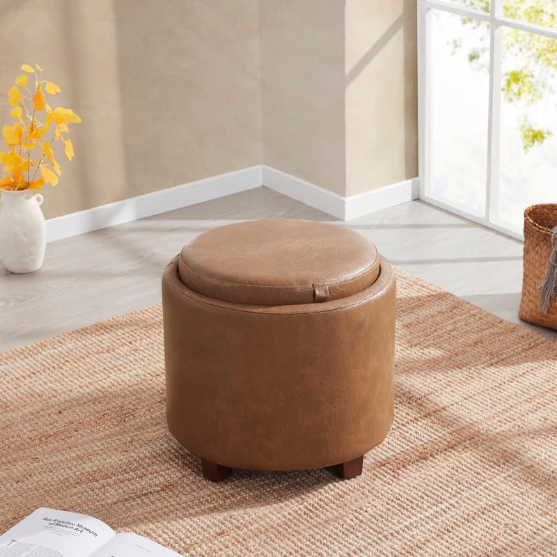 Ornavo Home Lawrence Round Storage Ottoman with Lift Off Lid and Tray Lid Coffee Table