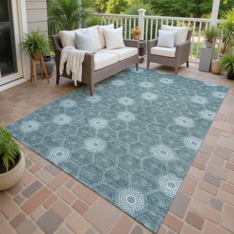 Machine Washable Indoor/ Outdoor Modern Hugoton Chantille Rug - Teal - 9' x 12'