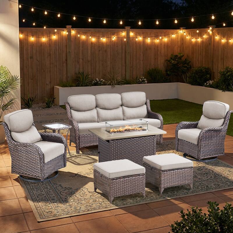 Pocassy Outdoor Fire Pit Sofa Swivel Chairs Conversation Set - Brown Wicker Beige Cushion - 7-Piece Sofa Swivel Chair Ottoman w/ Fie Table