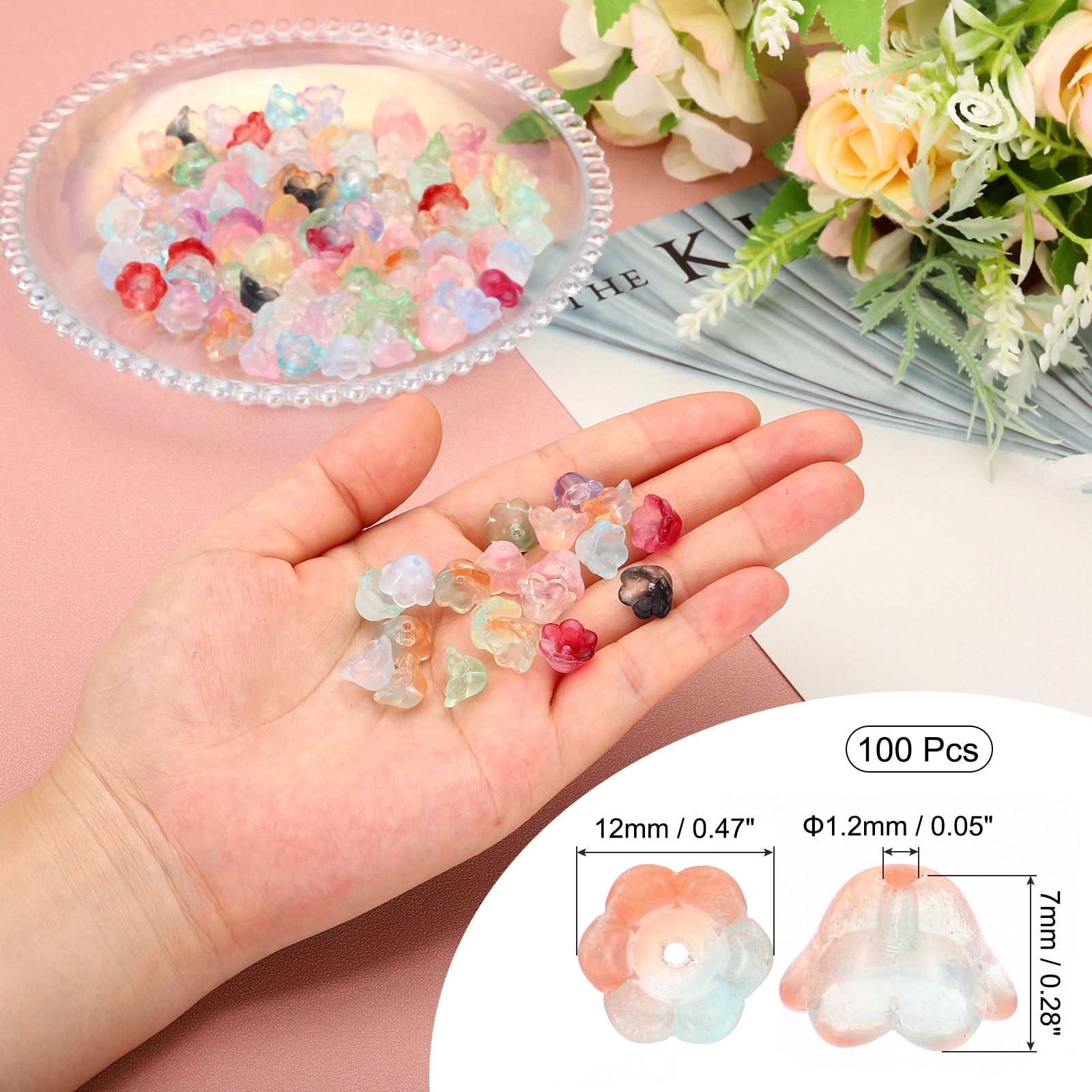 Glass Trumpet Flower Beads, Gradient Flower Bead Charm for Jewelry Making DIY Craft, Bracelets, Earrings, Necklaces