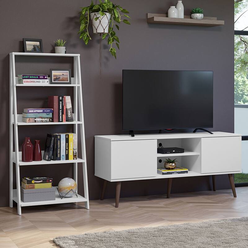 Madesa TV Stand 2 Doors and 2 Shelves 55" + Ladder Shelf Standing Bookcase - White - White
