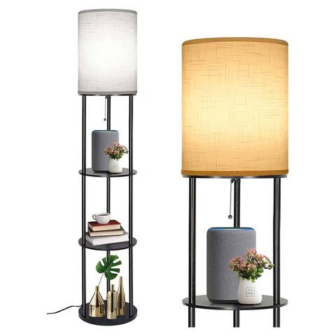 Black Round Wooden High Floor Lamp With Shelves And Dimmable