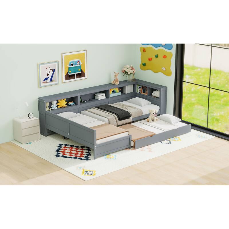 Wood Twin Size L-shaped Platform Bed with Trundle and a Drawer