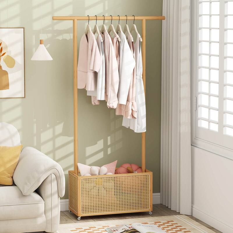 Costway Bamboo Clothes Rack with Rattan Storage Basket & Wheels, - See Details