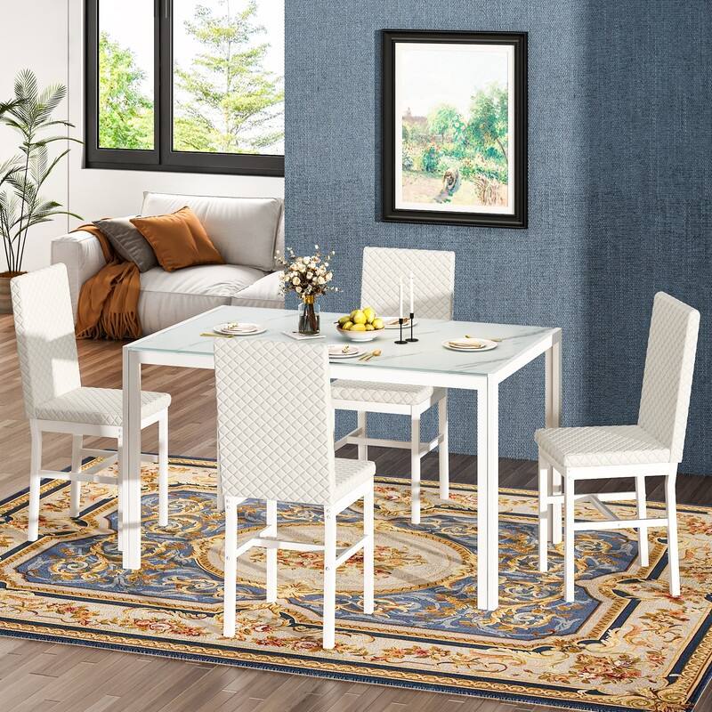 Grondin Modern Style 5-Piece Dining Room Table Set with Tempered Glass Tabletop and 4 Diamond Stitching PU Leather Dining Chairs